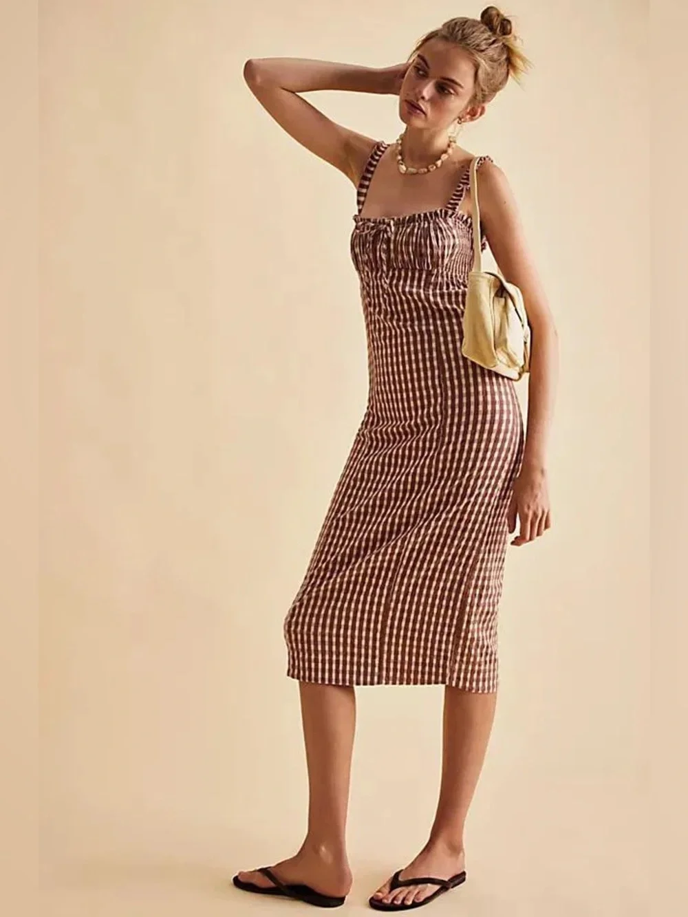 New Free People Lucinda Plaid Printed Midi Dress- Lavender Combo